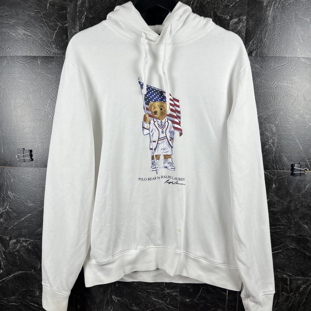 Polo Ralph Lauren Men's White USA Flag Polo Bear Hoodie Medium -Flaws